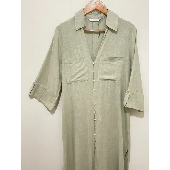 NWOT Zara Sage Green Linen Blend Shirt Dress, Size Small - Picture 5 of 13